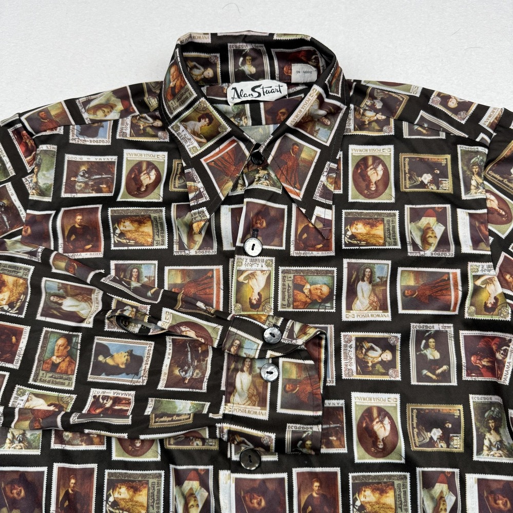 Vintage Alan Stuart Shirt Mens Medium 15-15.5 Black Art Print Button Down 90s